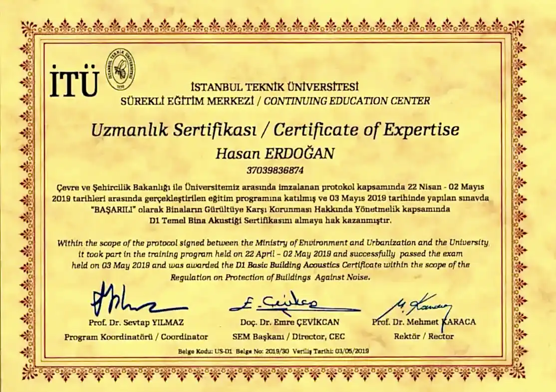 Akustik Yetki Sertifikamız